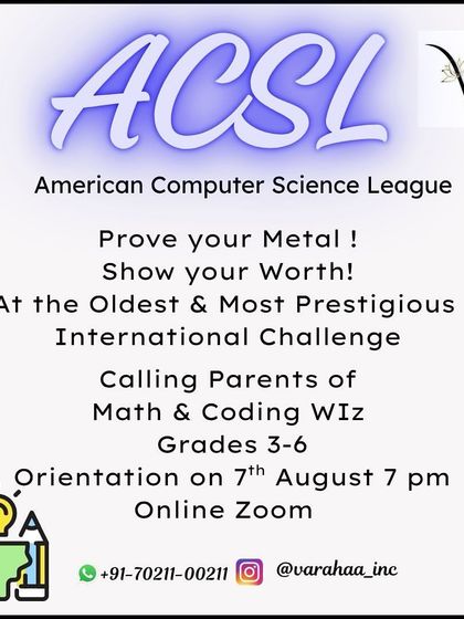 This is an invitation to our parent orientation for the American Computer Science League (ACSL) program. We guide students in grades 3-6 through logic puzzles, binary numbers, and computational thinking to build an impressive academic profile.