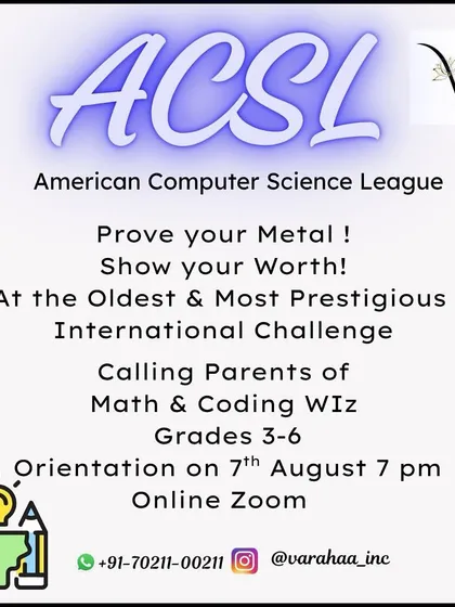 This is an invitation to our parent orientation for the American Computer Science League (ACSL) program. We guide students in grades 3-6 through logic puzzles, binary numbers, and computational thinking to build an impressive academic profile.