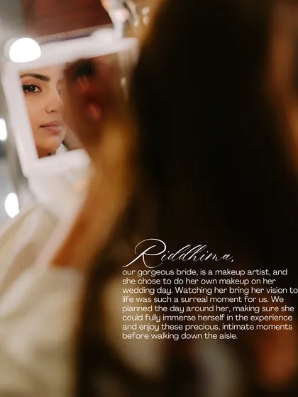 Our gorgeous bride, Riddhima, is a makeup artist who chose to do her own makeup. We planned the day around her, ensuring she could fully immerse herself in these precious, intimate moments before walking down the aisle.