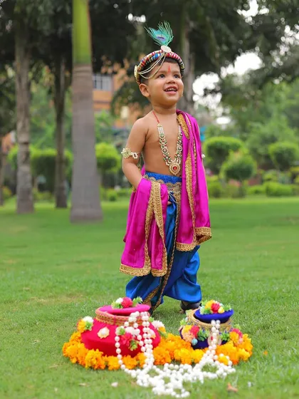 This is what childhood magic looks like. I designed this custom Kanha outfit for a little one's Janmashtami celebration, focusing on soft fabrics so he could be as playful and mischievous as Krishna himself. It’s moments like these that I love to create.