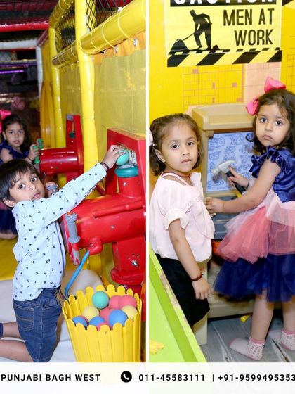 Kids exploring the ball shooter and construction zone during Reyanshi's 4th birthday party.