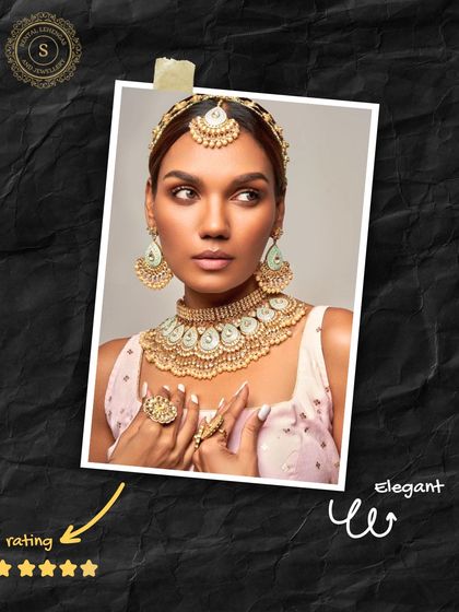 Our rental jewellery makes a statement without breaking the bank. This model showcases a beautiful pastel green Kundan set, complete with a choker, matha patti, earrings, and ring.