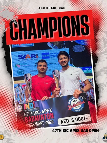 Our players conquering international courts. Star doubles pair Deep Rambhiya and Pratik Ranade are seen here after winning the 47th ISC APEX UAE OPEN in Abu Dhabi, bringing home the championship trophy.