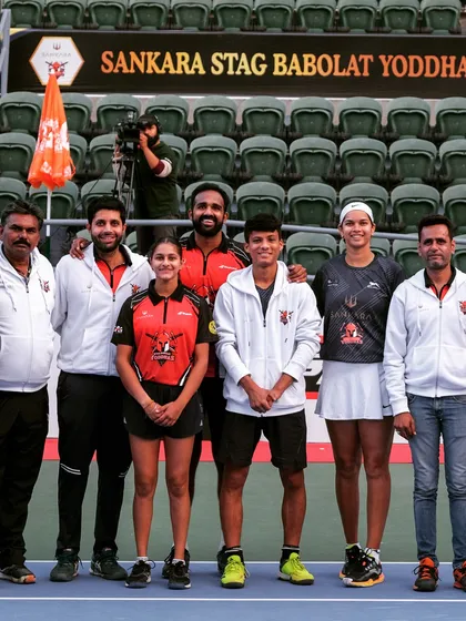The full team, Sankara Stag Babolat Yoddhas, at the Pro Tennis League. It's a fantastic experience to be part of a professional team setup.