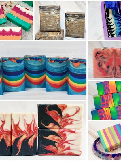 A collage showcasing the variety of professional-level designs you can learn to make in my hands-on cold process soap making course.