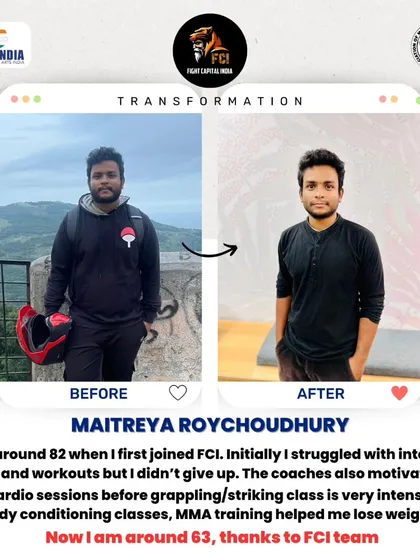 This is what real transformation looks like. Our member Maitreya dropped from 82kg to 63kg through our intense cardio, body conditioning, and MMA classes. We are incredibly proud of his dedication.