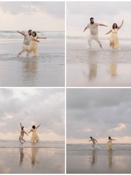 A four-part sequence of the couple playfully recreating the famous "Titanic" pose in the waves. It’s moments like these that show their fun-loving personalities.