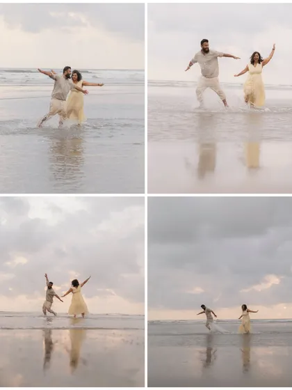 A four-part sequence of the couple playfully recreating the famous "Titanic" pose in the waves. It’s moments like these that show their fun-loving personalities.