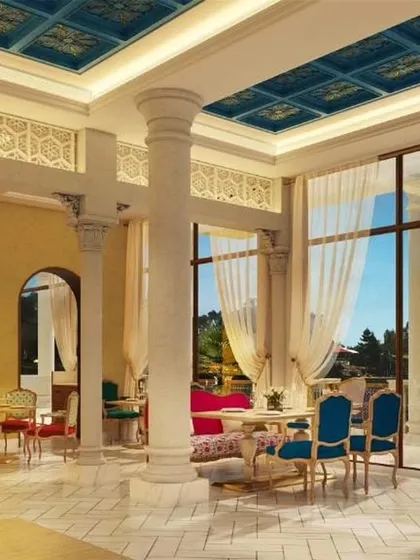 The regal restaurant I designed for IHCL Pilibhit House in Haridwar. The space features grand pillars, intricate ceiling details, and a mix of jewel-toned furniture, creating an atmosphere of timeless elegance overlooking the Ganges.