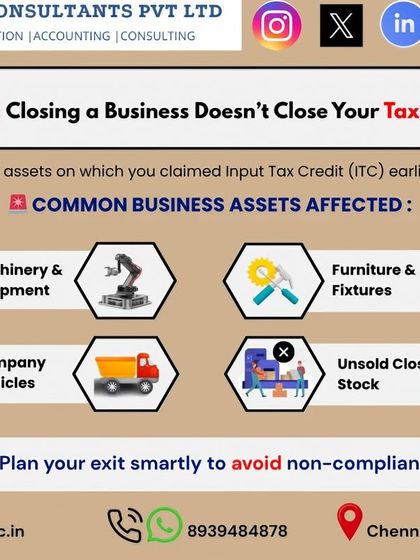 Closing your business doesn't automatically end your tax liabilities. If you have claimed Input Tax Credit (ITC) on assets like machinery, furniture, or vehicles, you must pay GST when you dispose of them. I help business owners plan their exit strategy smartly to avoid any non-compliance issues.