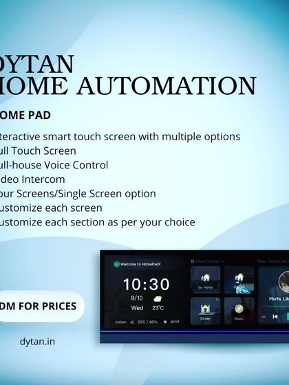 This graphic provides a summary of the Dytan HomePad's capabilities, including full touch screen, voice control, and video intercom for a complete home automation experience.