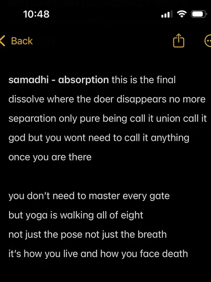 Samadhi, or absorption, is the final limb where the sense of a separate 'doer' dissolves into pure being. The entire eightfold path is a progressive journey toward this state of union, encompassing how you live, how you breathe, and how you face death.