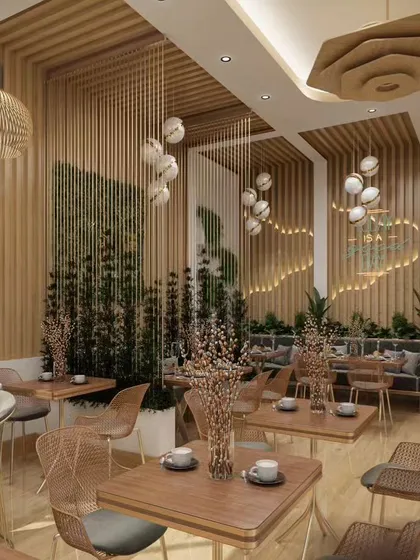 For this cafe, we created a warm and inviting atmosphere using natural wood slats, layered lighting, and abundant greenery. The design focuses on creating an organic, calming customer experience, with distinct seating zones that cater to both groups and individuals.