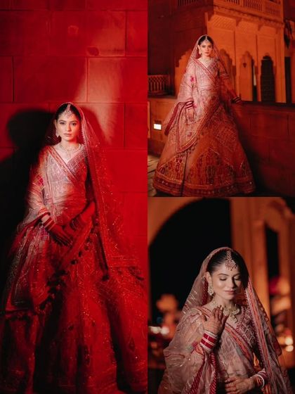 A collage of three bridal portraits using dramatic red lighting to create a bold, artistic, and modern look.