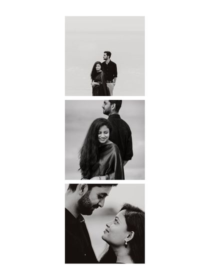 A vertical collage of black and white portraits from a couple's pre-wedding shoot, focusing on their expressions and connection.