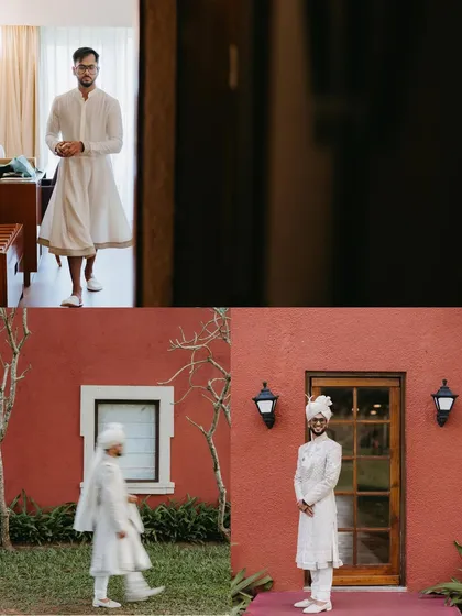A collage of the groom in a white angrakha-style kurta, captured in motion and posing against a striking red wall.