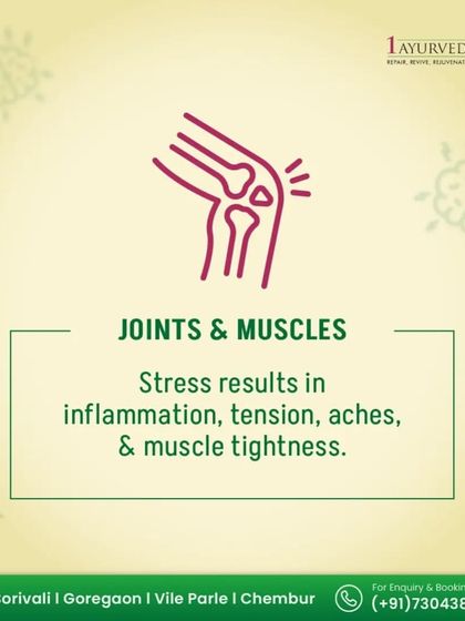 Aches, inflammation, and muscle tightness are common physical manifestations of stress. We use therapies like Abhyanga (medicated oil massage) and Patra Pottali (herbal poultice massage) to release tension from the joints and muscles, addressing the body's stress response.
