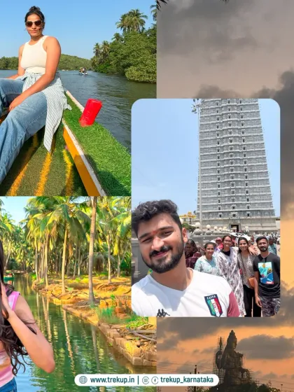 More moments from our coastal trips, featuring the towering Murudeshwar temple and relaxed boating scenes.