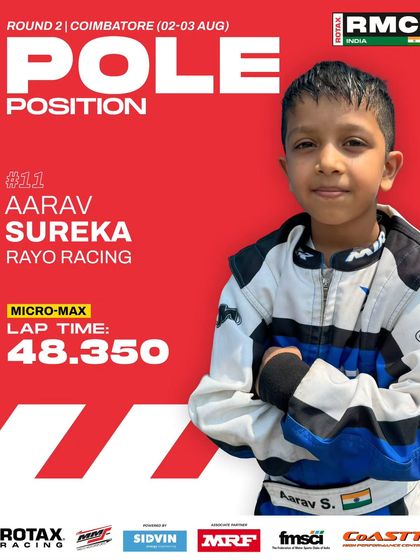 Aarav Sureka of Rayo Racing grabs pole position in the Micro Max category at Round 2.
