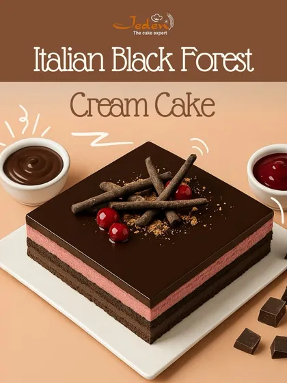 Our Italian Black Forest Cream Cake is a modern take on a classic. It features layers of rich chocolate sponge, tangy cherry cream, and a smooth chocolate glaze, decorated with chocolate sticks.