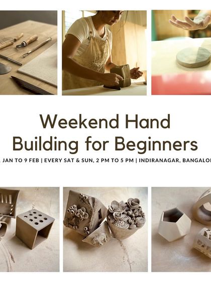 Announcing our first weekend batches for the new year. This poster for our hand-building course shows some of the amazing unfired pieces made by previous students, like planters and brush holders.