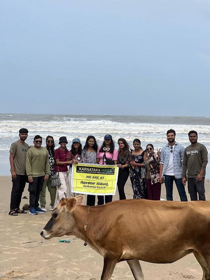 Our group at Gokarna beach, with a friendly local cow photobombing the picture. It's all part of the experience.