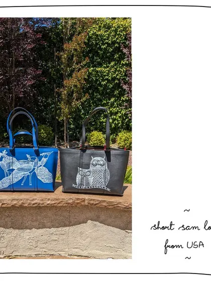 Another shot of the two Gond art Short Sam totes. The hand-painted artwork stands out beautifully, making each of these classic totes a unique piece of wearable art.