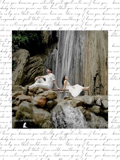 A creative portrait of the couple by a waterfall, overlaid with handwritten text, giving the image a personal, diary-like feel.