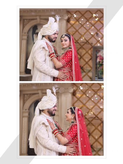 Two candid moments of the couple, showing their happy interactions. The makeup is designed to look natural and beautiful in these unposed shots.