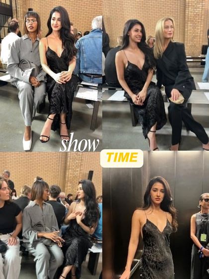 A collage from the Calvin Klein show at NYFW. It captures the 'show time' energy and Disha's chic look from different angles, including her front-row seat.