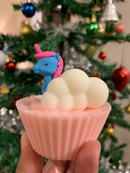 A close-up of my Unicorn Cupcake Soap, complete with a unicorn eraser embed and a fluffy cloud soap on top.