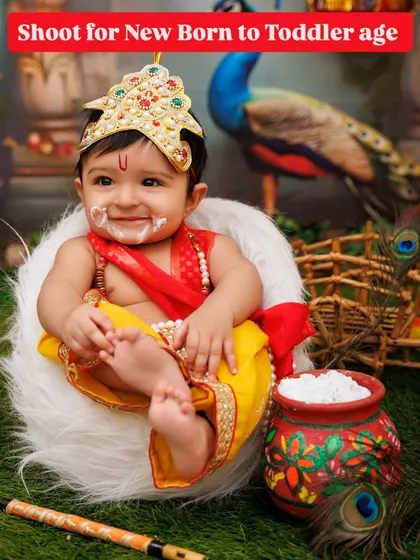 A promotional image clarifying that my Janmashtami shoots are perfect for babies from newborn to toddler age.