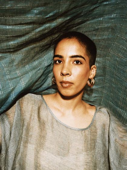 A close-up portrait for House of Wandering Silk against a textured blue-green backdrop. The colors are soft and painterly.