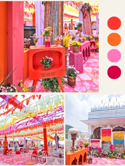 Another unconventional Haldi palette, this time with bright oranges and pinks. The retro TV prop filled with flowers adds a quirky and personalized touch.