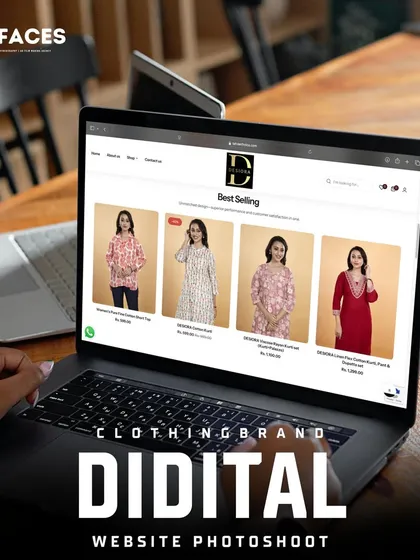 A laptop showing a clothing brand's website with our digital photoshoot content. We provide end-to-end visual solutions for online stores, from campaign shoots to e-commerce listings.