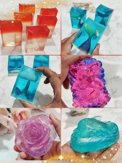 A collage of the different designs you can learn in my transparent soap tutorial. From layered sunsets and embedded characters to intricate floral soaps, the possibilities are endless.
