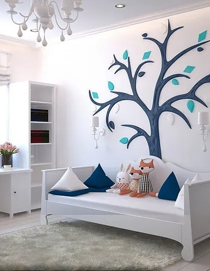 A modern and clean 3D-style tree mural for a child's room. This type of stylized art grows with your child and complements contemporary interior design.