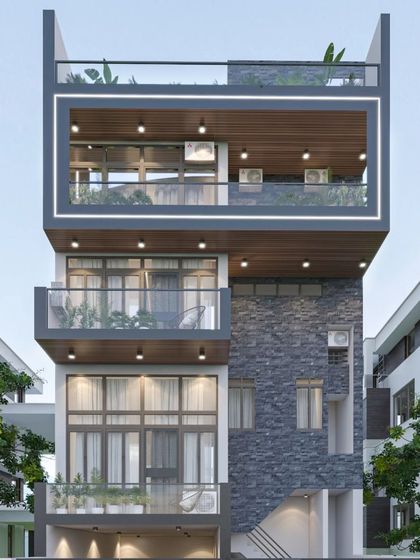 An exterior design for a taller residential building, where we've used a mix of stone cladding and wood-textured panels to break up the vertical mass. The design focuses on creating a modern yet grounded aesthetic.