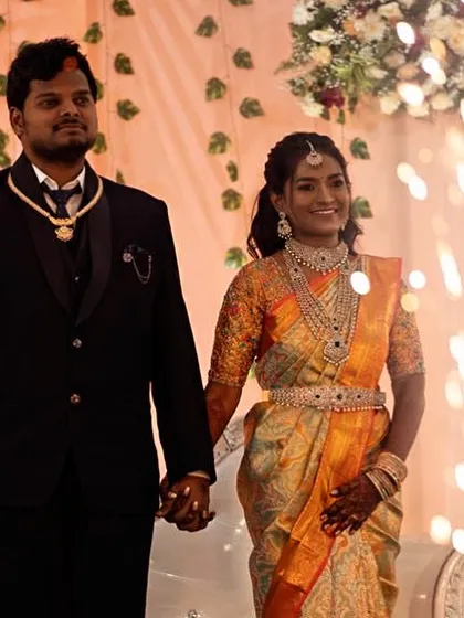 Our bride Sushma celebrating her reception. She is wearing a stunning multi-layered diamond-look CZ set that makes a grand statement.