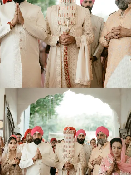 A diptych showing the groom's procession and arrival for the Anand Karaj. It captures the respectful prayers and anticipation of the wedding ceremony.