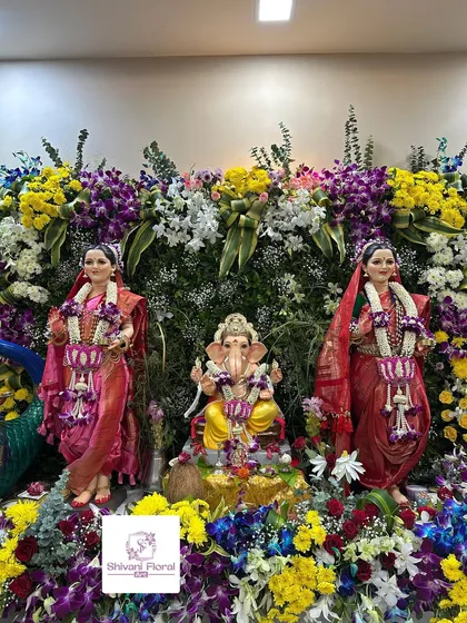 I also create large scale floral decorations for your entire home temple. This setup for Gauri Ganpati shows how my floral ornaments for the idols can be matched with a beautiful backdrop to create a complete, festive atmosphere.
