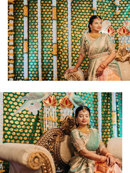 A collage of a bride's portraits from her engagement, capturing her serene and elegant poses.