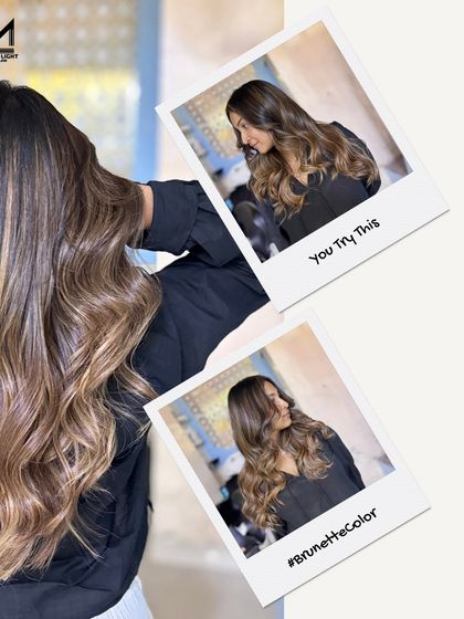 Capturing that sun-kissed brunette glow. This collage shows off the subtle sunlit magic of a well-executed balayage, perfect for a natural yet transformative look.