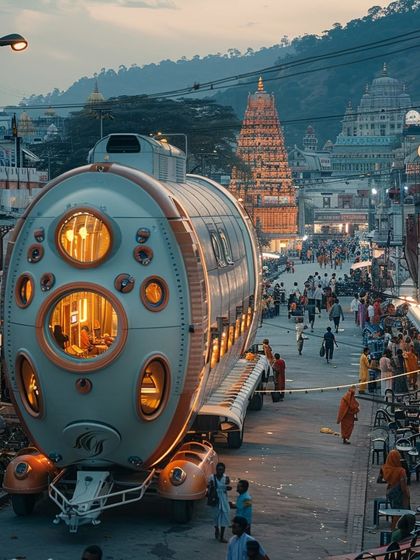 A conceptual vehicle designed for mobility in pilgrimage sites. This work is part of our study into the complex crowd management and logistical needs of temporary cities that form during large-scale spiritual gatherings.