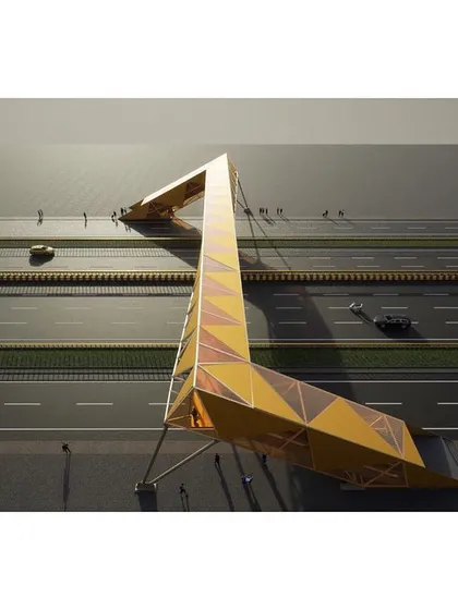 An aerial view of the pedestrian footbridge concept, showing how it spans a major highway. The design provides a safe and engaging crossing for pedestrians, connecting two sides of the city.