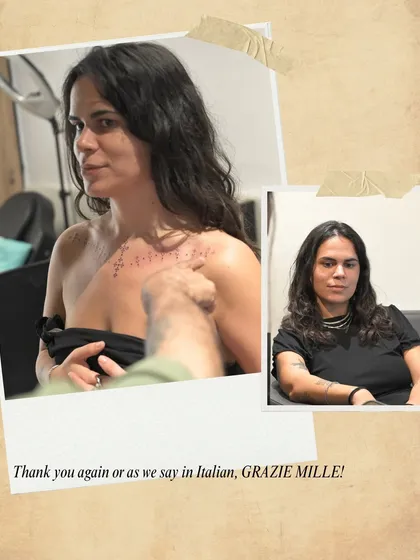 "Thank you again or as we say in Italian, GRAZIE MILLE!" Eleonore showing her fresh, beautiful chest piece.