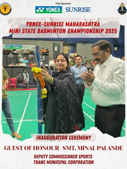 Guest of Honour Smt. Minal Palande, Deputy Commissioner Sports, inaugurating the championship by garlanding the net. This symbolic gesture officially opens the tournament for play.