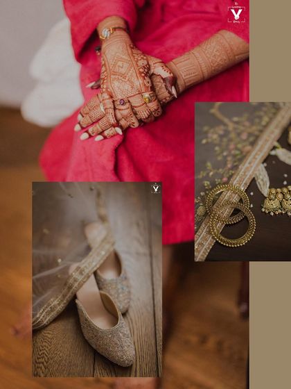 A collage focusing on the intricate details of the bride's preparation. From her mehendi-stained hands to her elegant shoes and jewelry, these shots tell the story of her bridal transformation.