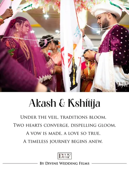 "Under the veil, traditions bloom." A branded image capturing the sacred moment of the wedding ceremony, with a poem that speaks of their timeless journey.