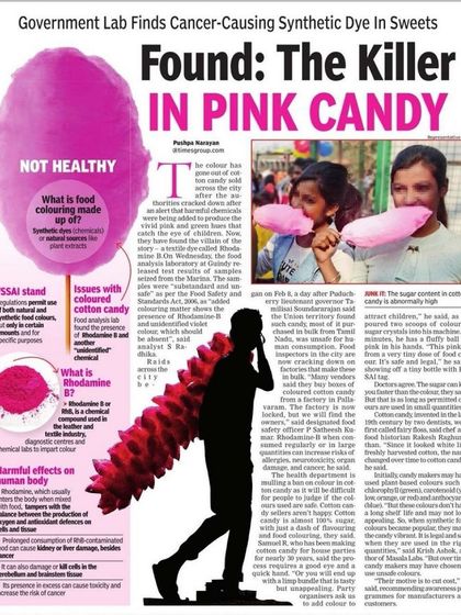 A government lab found Rhodamine-B, a cancer-causing textile dye, in pink cotton candy. This is a stark reminder to be cautious about foods with artificial coloring, as they can contain harmful and unregulated substances.